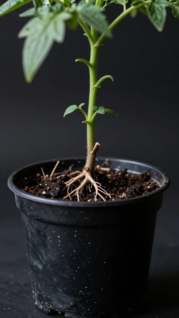 closeup of rootbound tomato in undersized black nursery pot