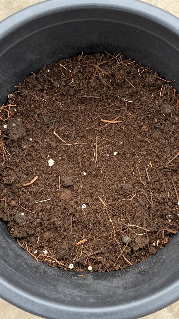 overhead shot of 5-gallon pot filled with fresh potting mix