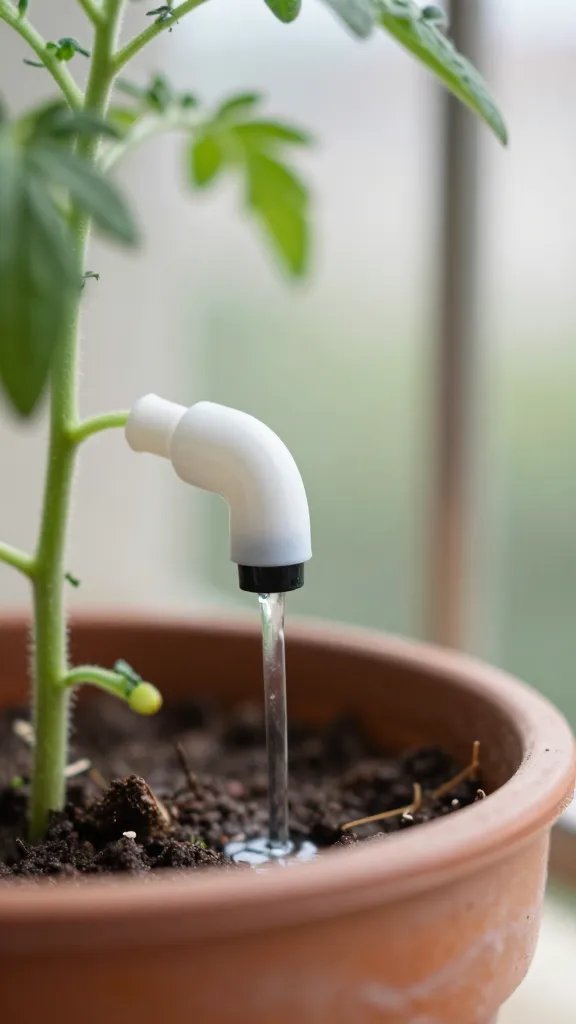 closeup of drip emitter watering a balcony tomato pot