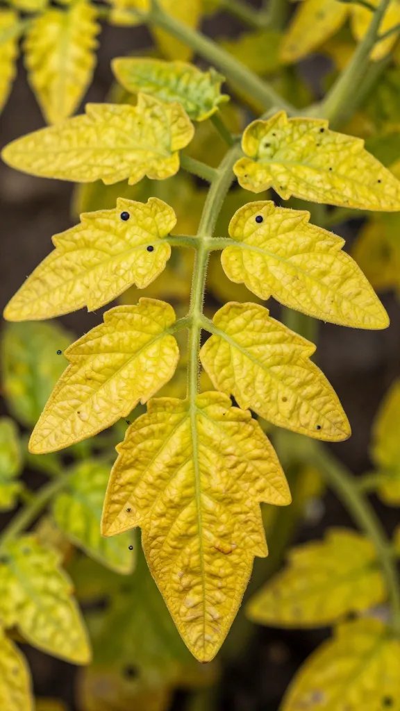 detailed shot of yellowing tomato leaf from nutrient deficiency