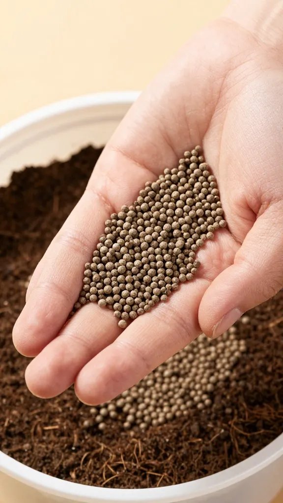 hand holding slow-release fertilizer granules over container soil