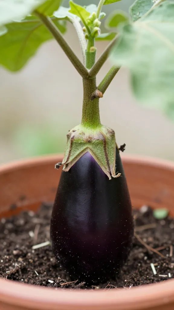 closeup of eggplant stem wilted from underwatering in pot