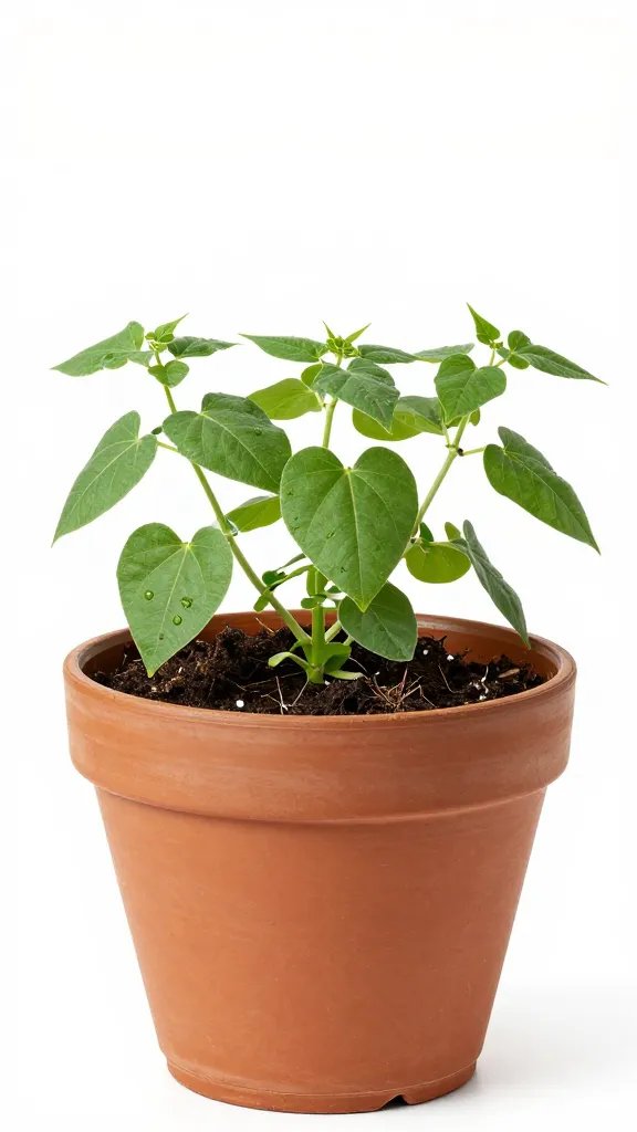 side view of bush bean in 10-inch pot with proper spacing