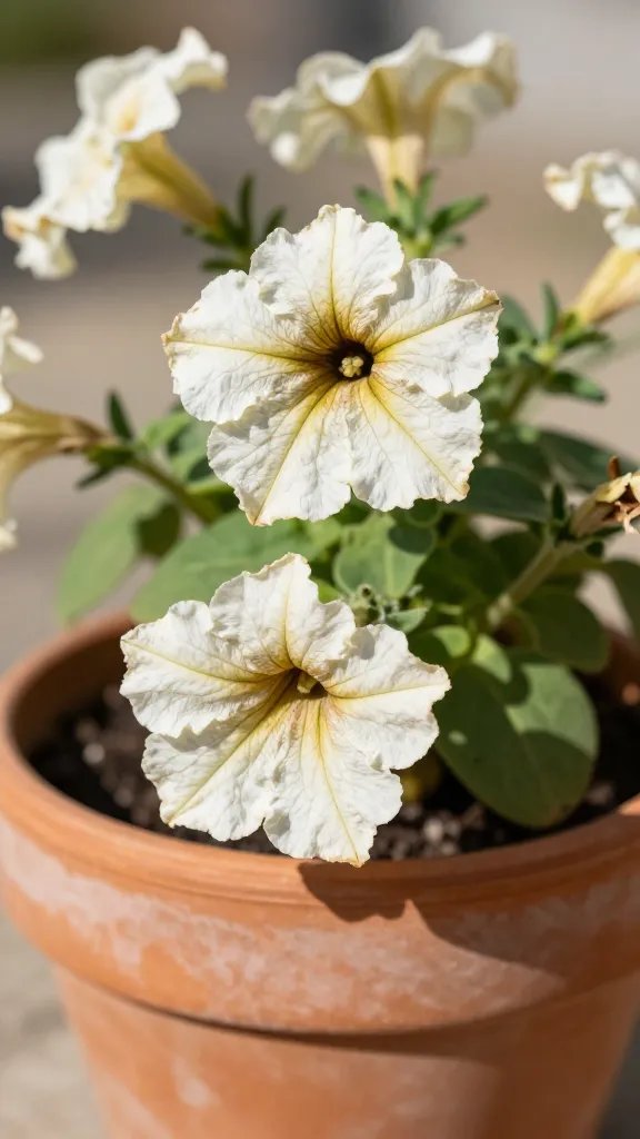 closeup of wilted petunia in terracotta pot at noon