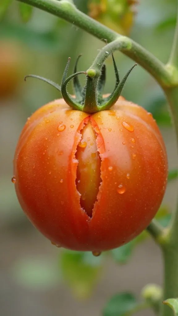 single tomato fruit with split skin on vine