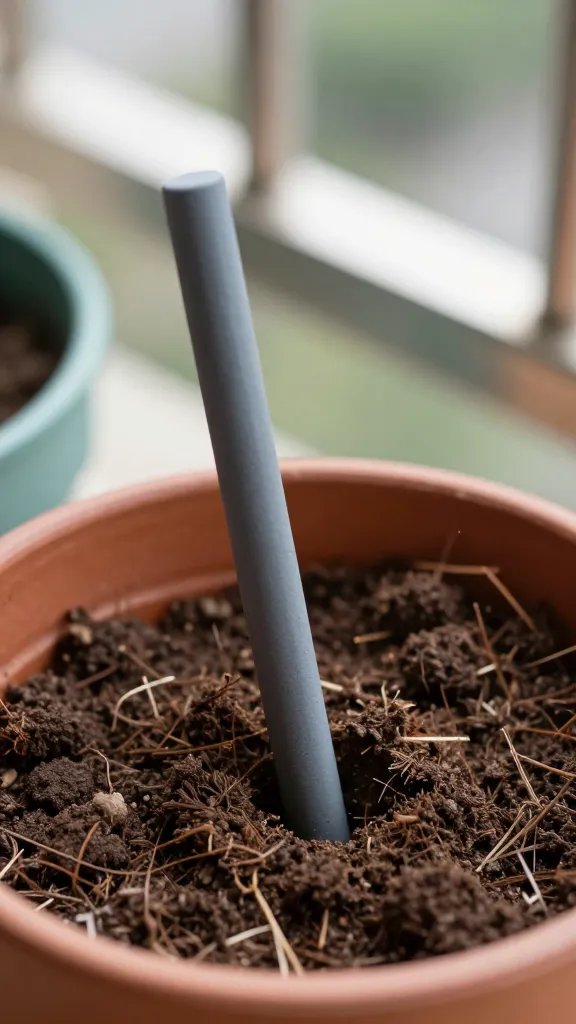 moisture meter inserted in small balcony pot soil