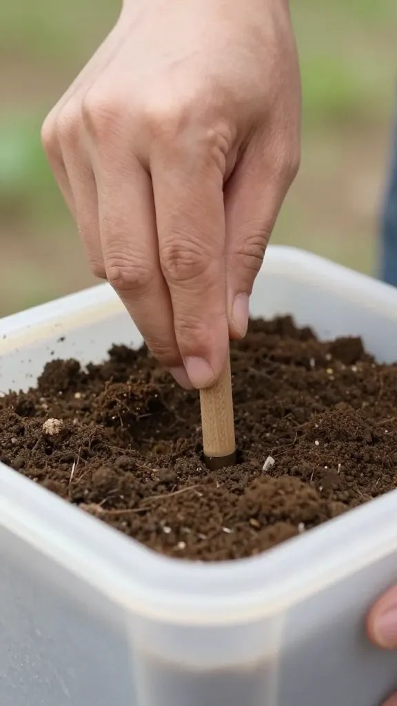 hand performing soil touch test in container at 2 p.m.