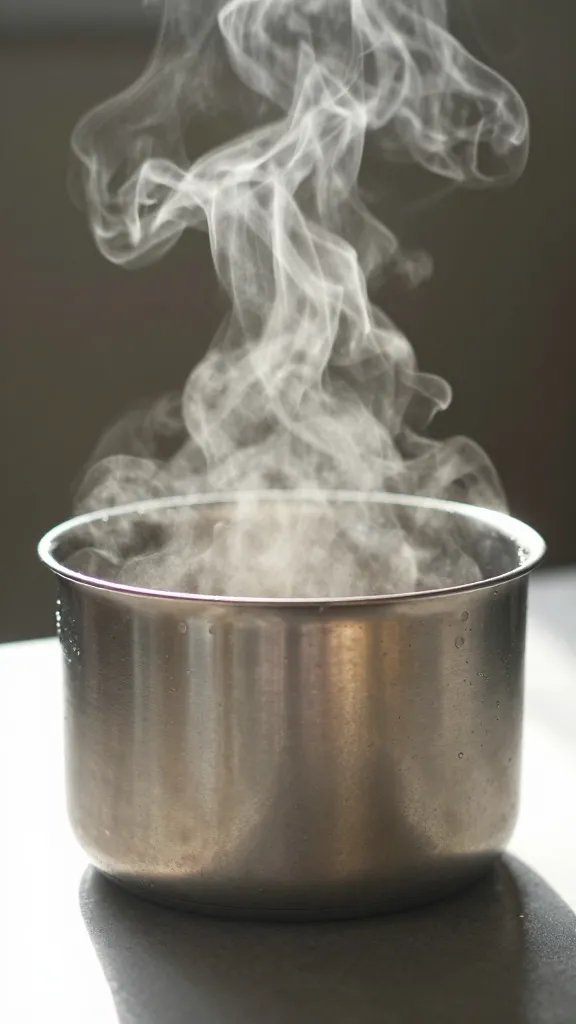 small sunlit metal pot with condensation evaporating