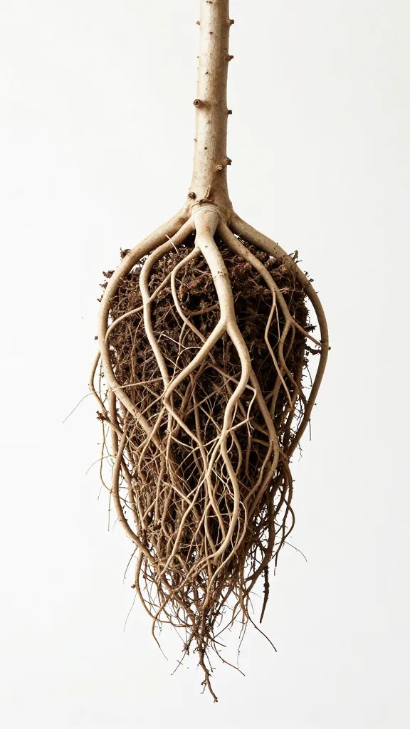 single root bound houseplant lifted from pot, dense circling roots