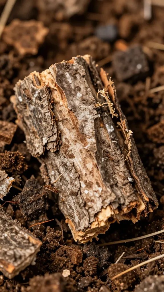 macro of pine bark chunk in fresh potting mix