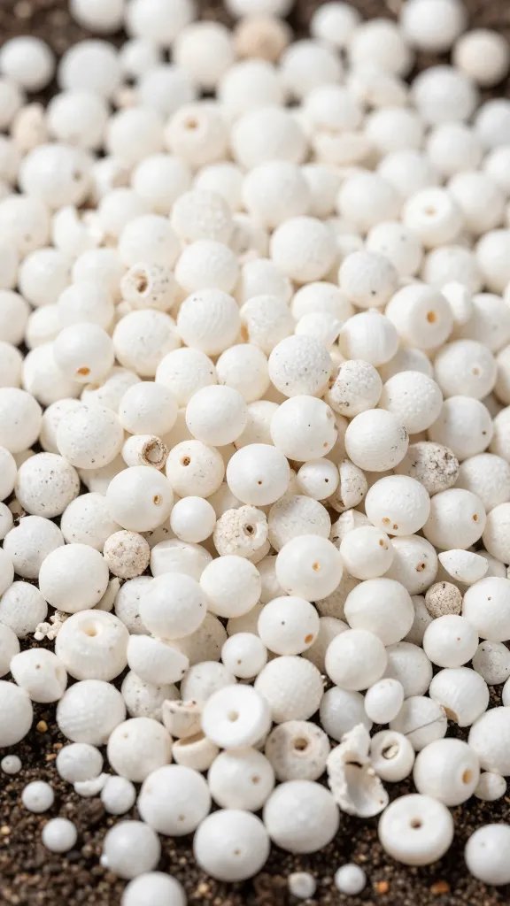 closeup of white perlite pieces among dark soil