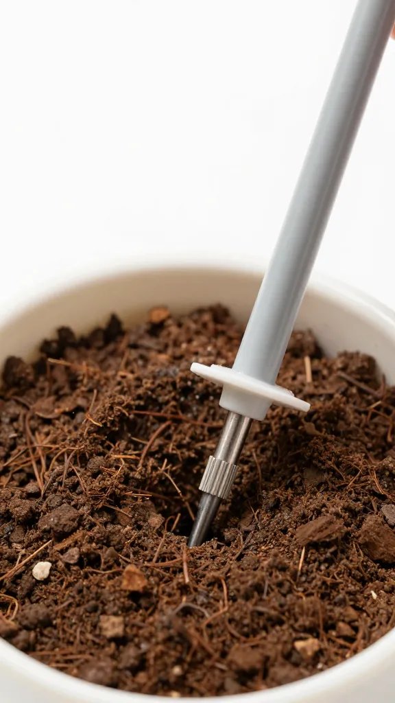 pH meter probe inserted into moist potting mix
