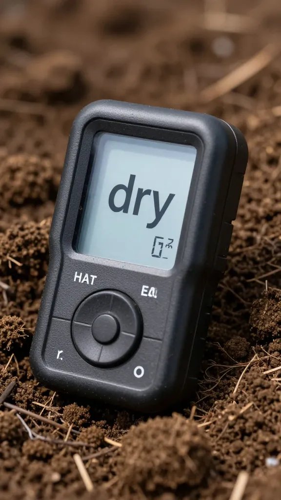 closeup of moisture meter reading “dry” in compacted soil