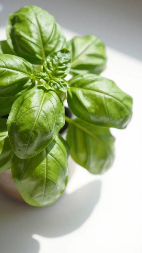 closeup basil plant casting crisp midday shadow
