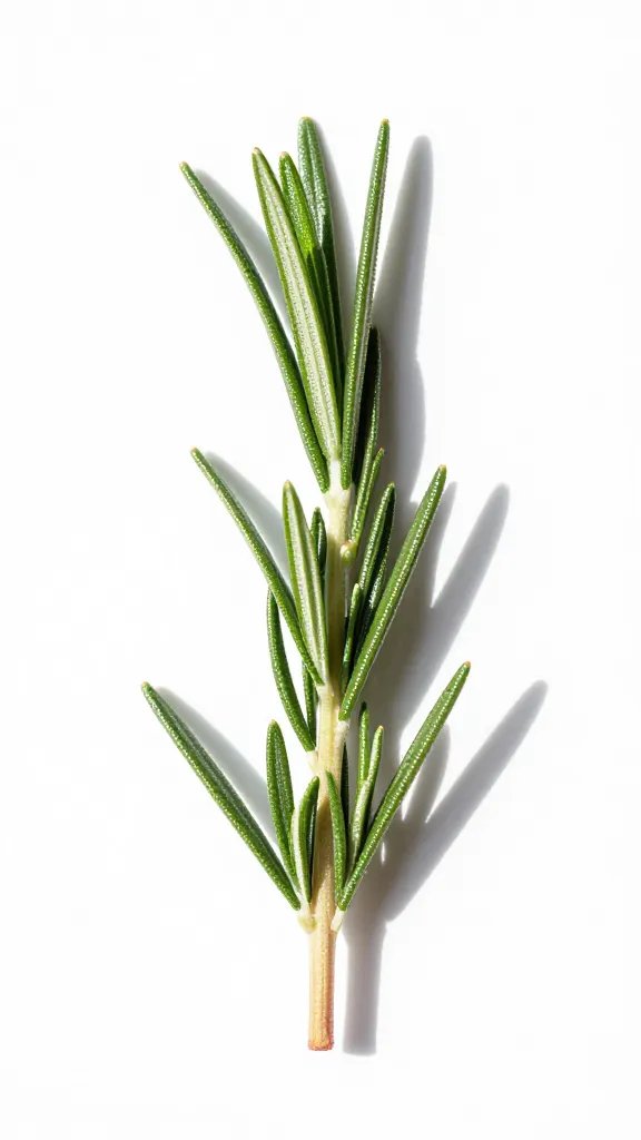 single rosemary sprig under direct afternoon sun