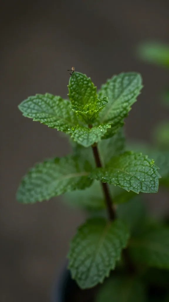mint plant with blurry weak-light shadow