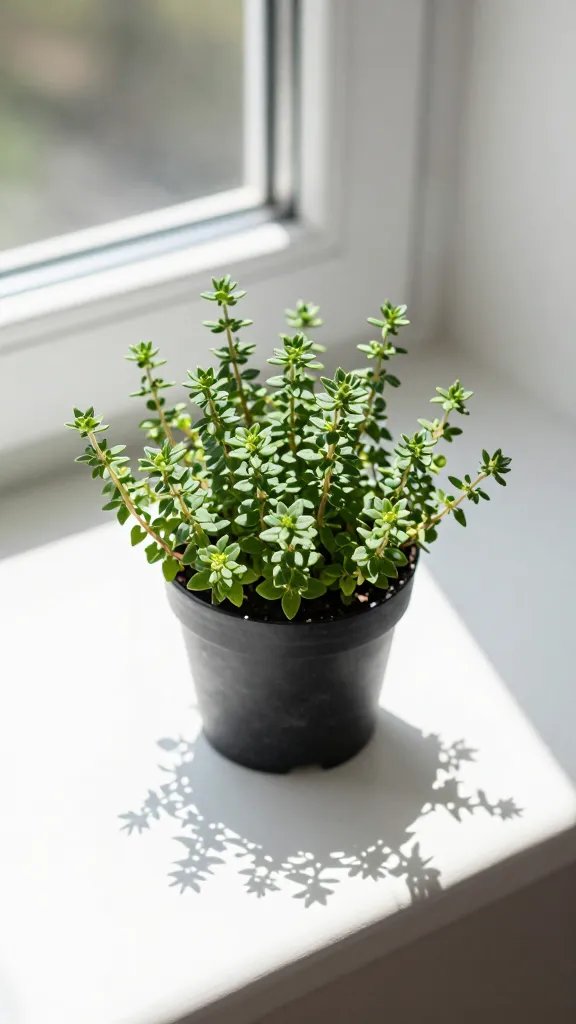 thyme plant on bright windowsill, sharp shadow