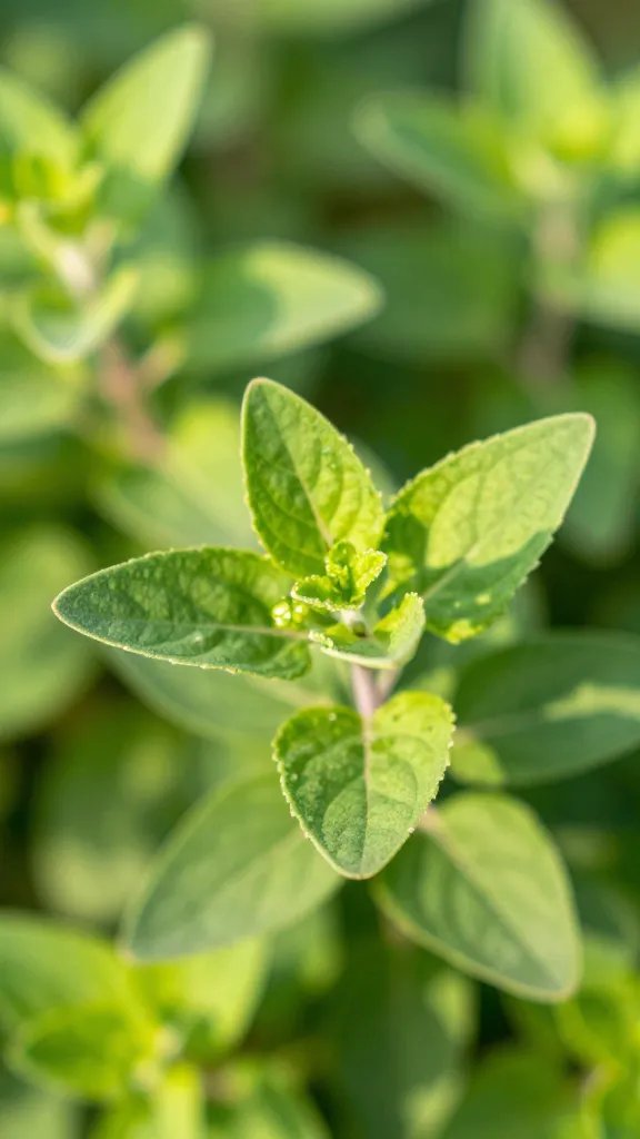 oregano leaves with sunlit highlights, closeup