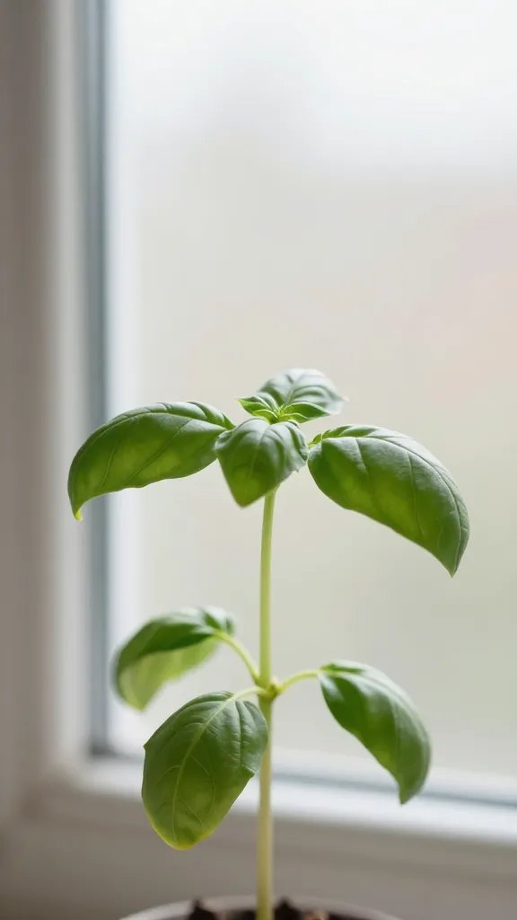 basil seedling stretching toward window light