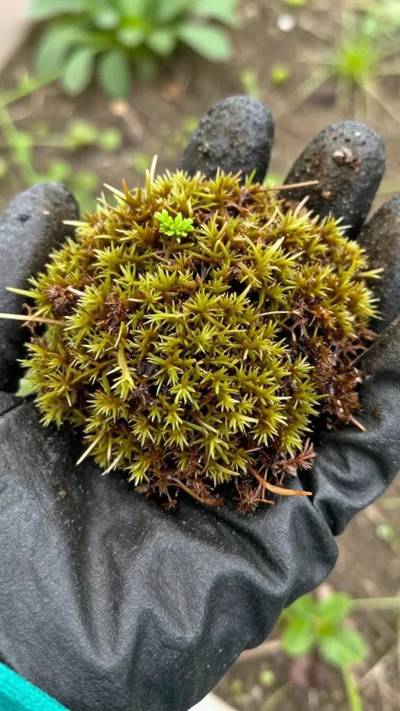 closeup of peat moss clump in gardener’s gloved hand