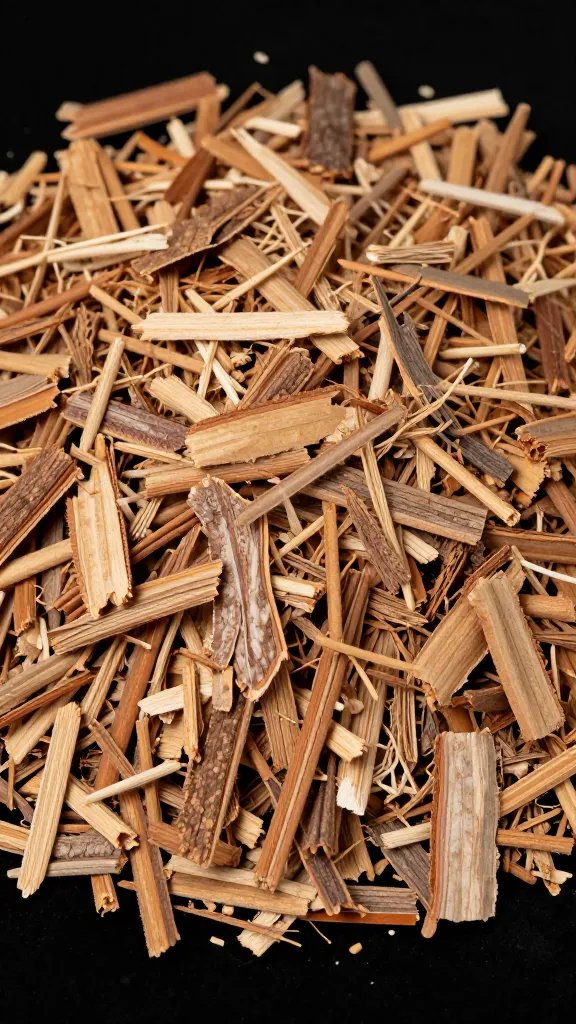 closeup of composted bark chip on black background