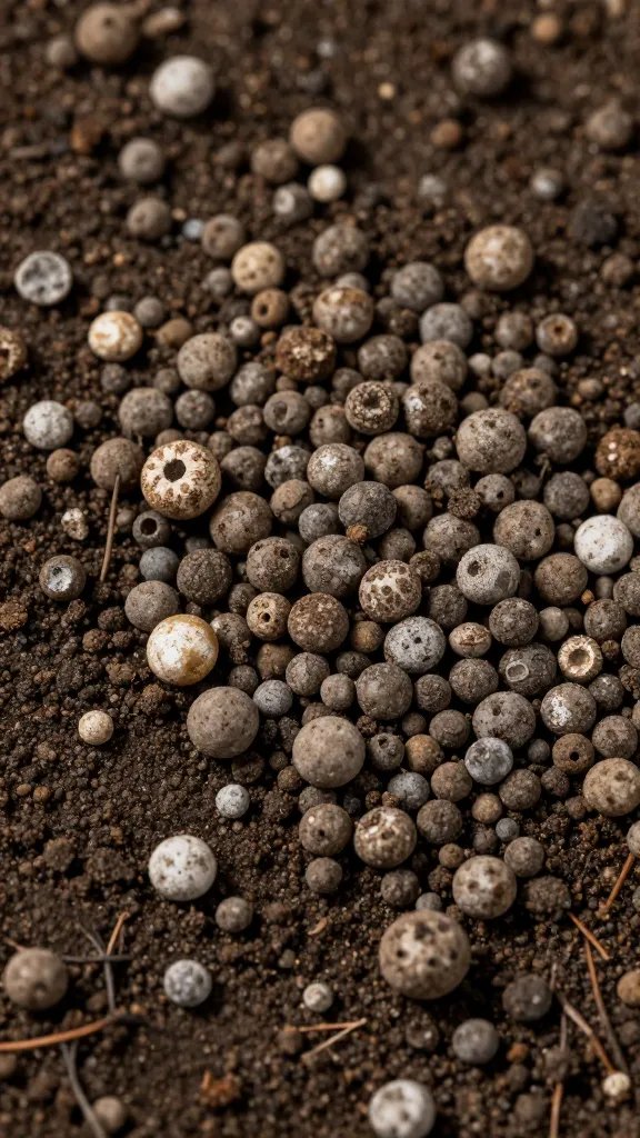 macro perlite granule resting on dark soil