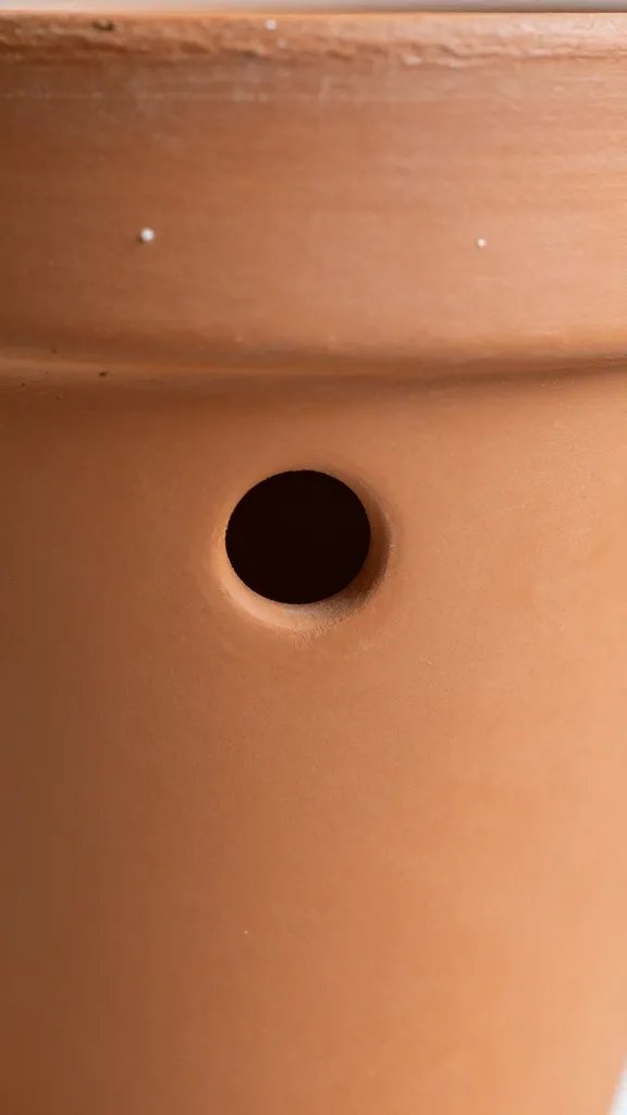 single drainage hole in terracotta pot, closeup