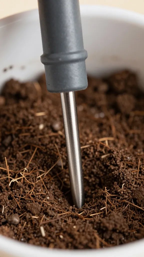 moisture meter probe tip inserted in potting mix, closeup