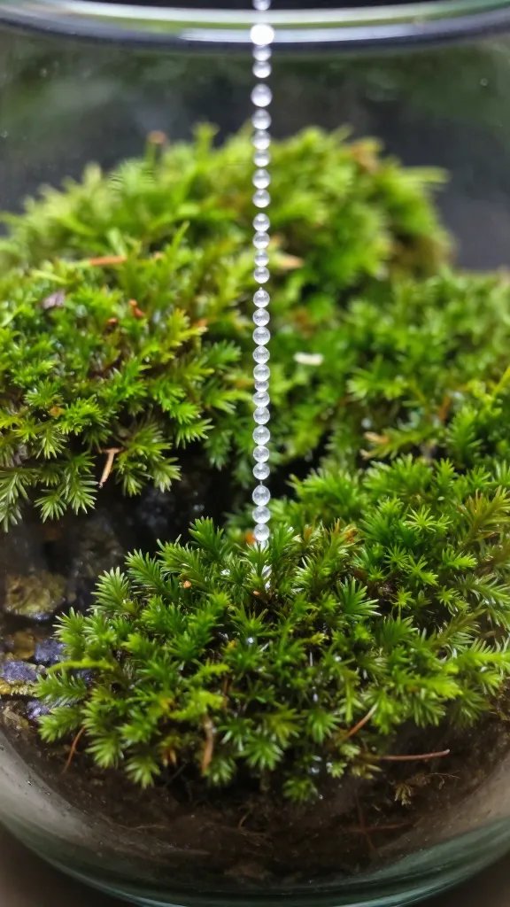 closed glass moss terrarium with beaded moisture, closeup