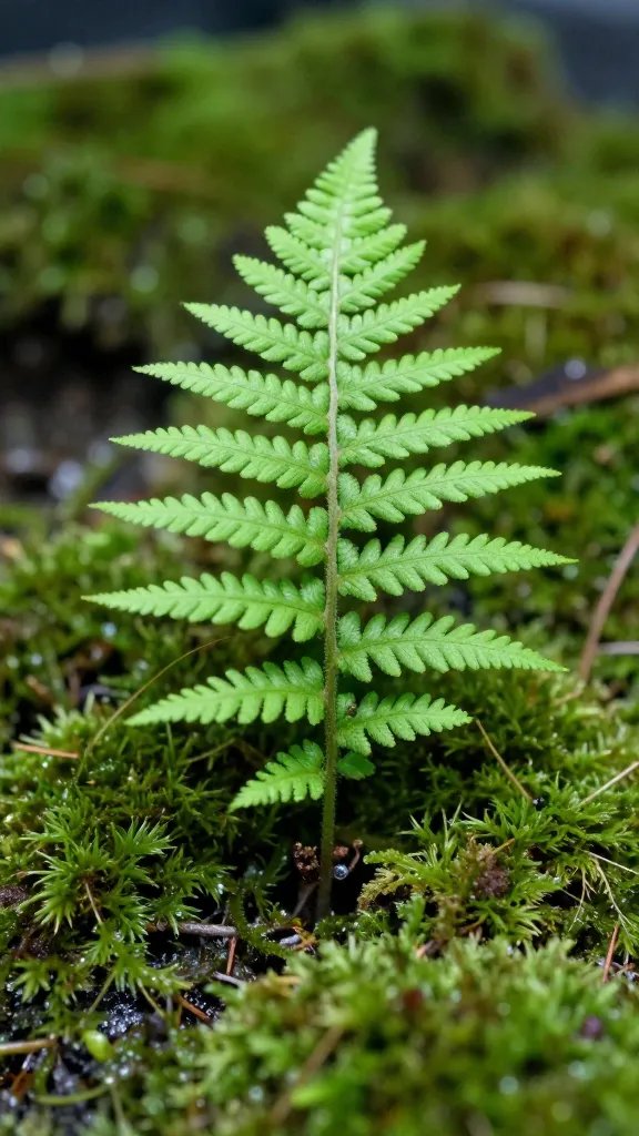 single fern sprig emerging from moss, terrarium macro