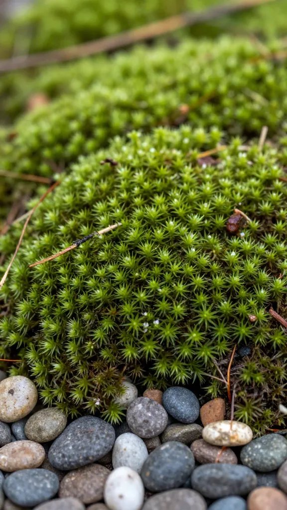 sphagnum moss layer over drainage pebbles, closeup
