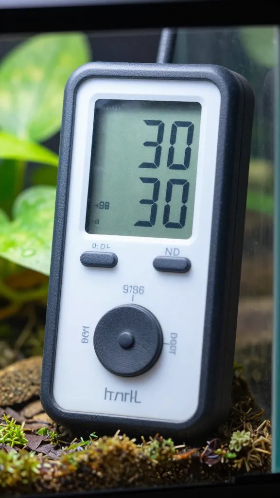 hygrometer reading inside sealed terrarium, macro detail