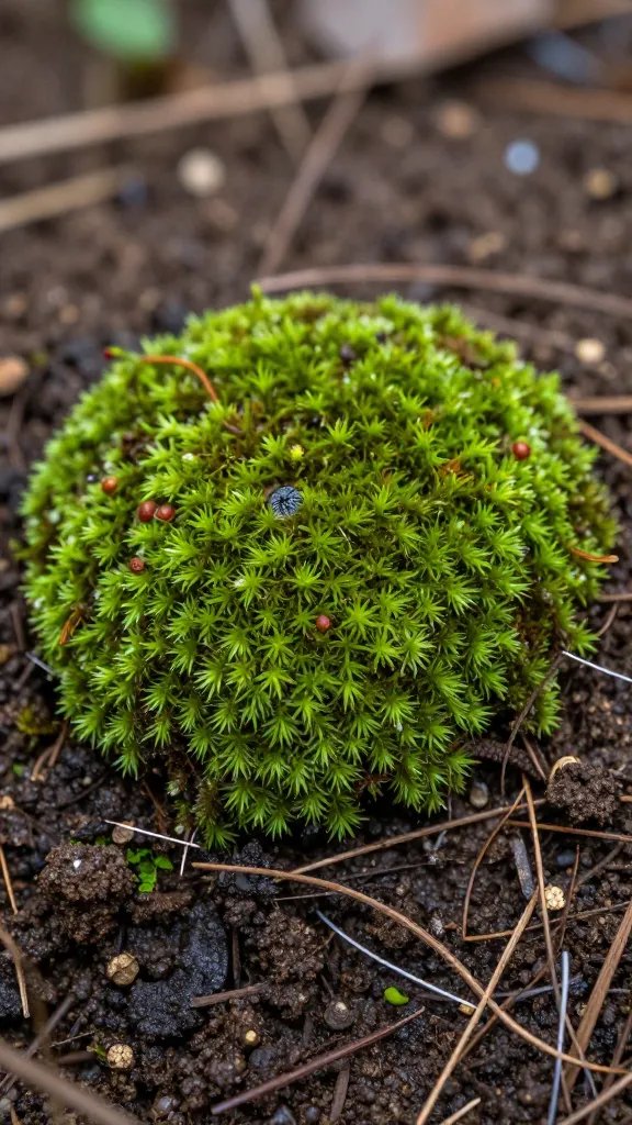 single cushion moss clump on soil mound, macro