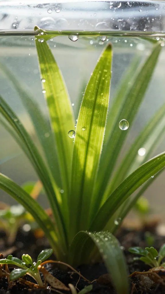 morning light highlighting water cycle droplets, terrarium closeup