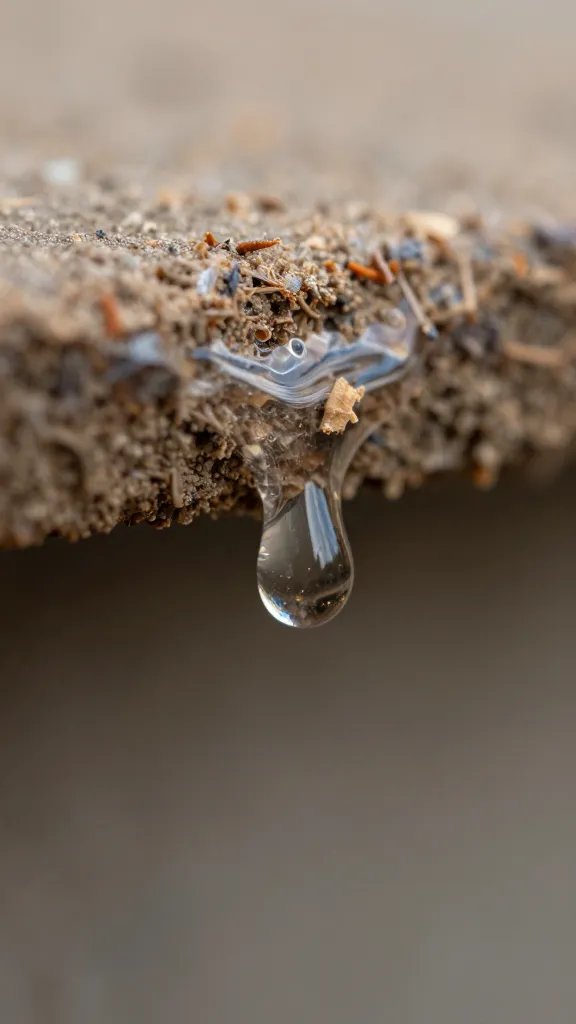 condensation drip returning to base layer, macro shot