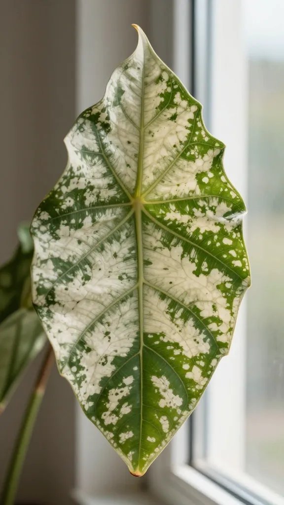 closeup of bleached terrarium leaf facing sunny window