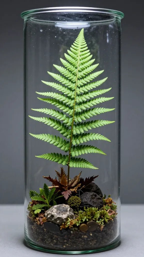 single crispy fern frond inside glass jar terrarium