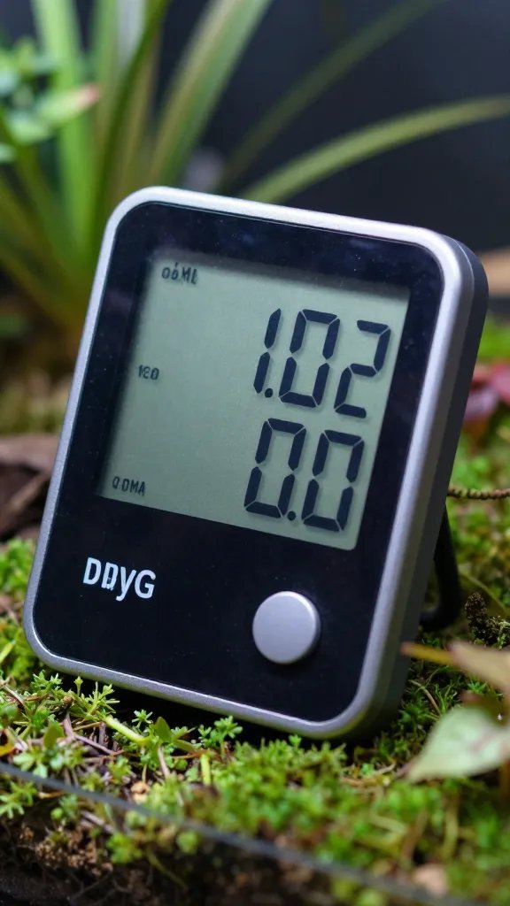 digital hygrometer reading high humidity beside terrarium
