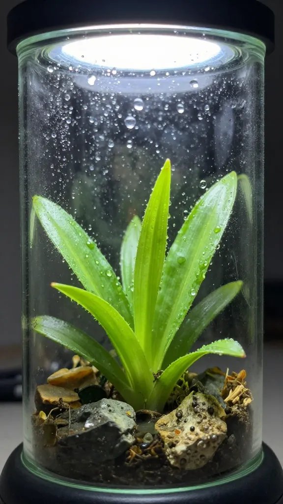closeup of sealed glass terrarium with morning condensation