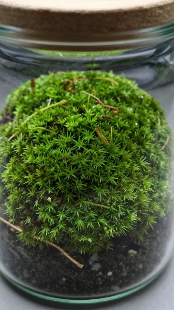 macro of moss cushion inside closed jar terrarium