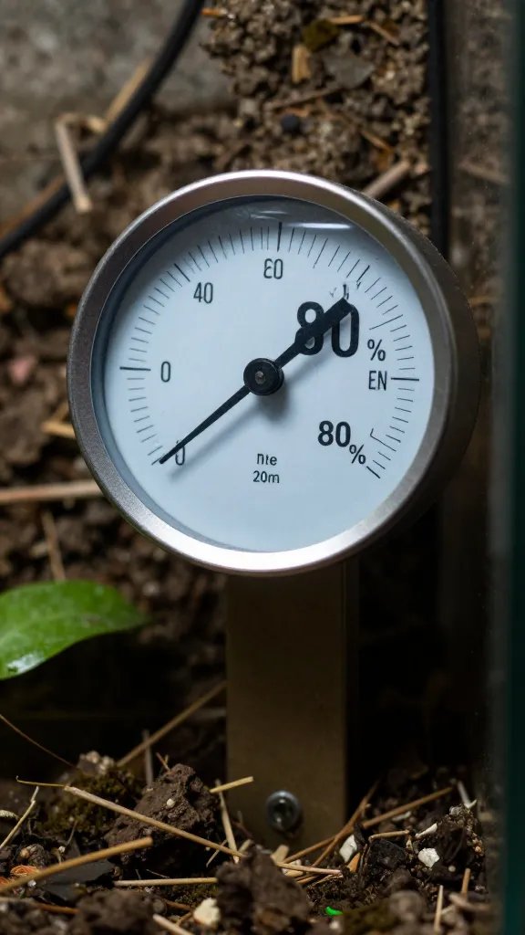 closeup of hygrometer reading 80% beside terrarium wall