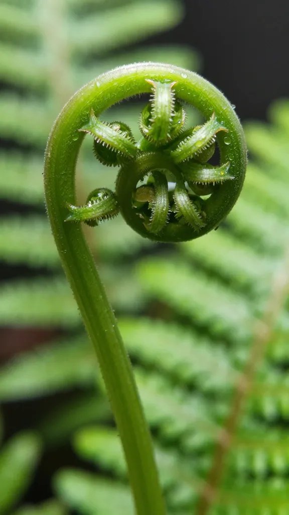 macro of healthy fern frond unfurling in terrarium