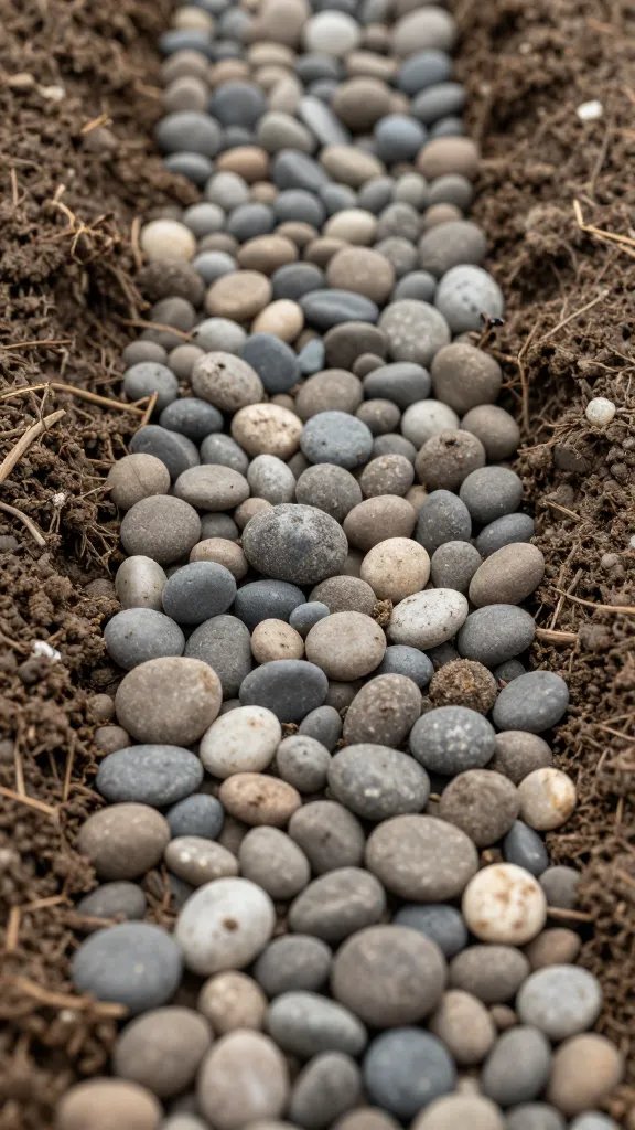 closeup of drainage layer pebbles under soil profile