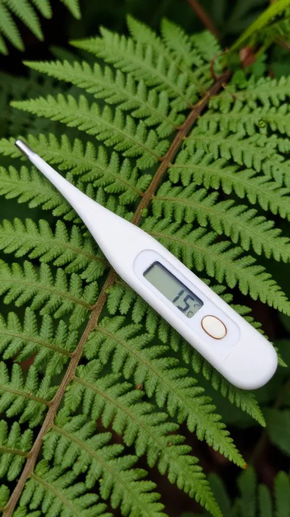 closeup fern frond beside digital thermometer reading 15°C