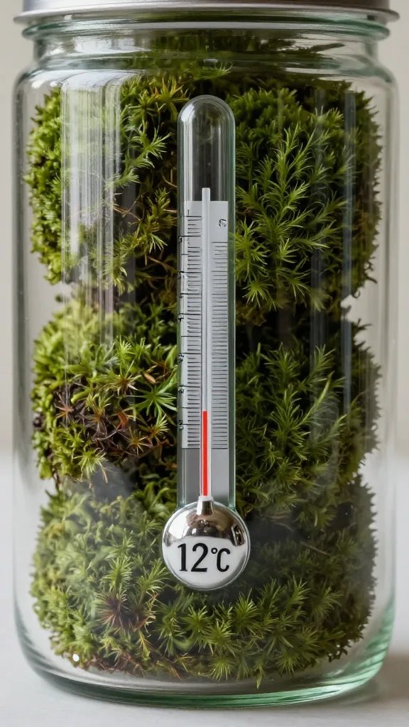 moss cushion in glass jar with 12°C thermometer display
