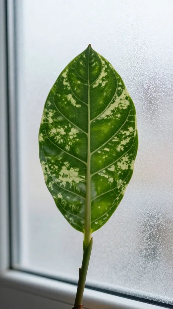 single fittonia leaf near frosted window, shallow depth