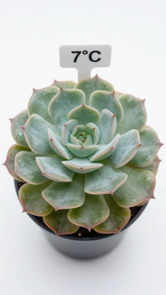 echeveria rosette labeled 7°C, studio lighting