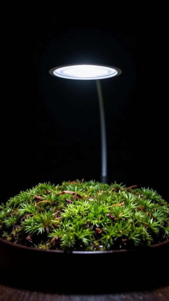 single LED grow light over moss patch, dark background