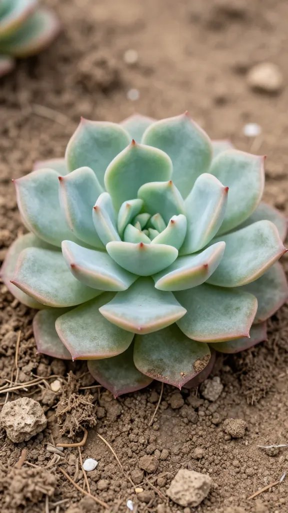 succulent rosette in dry soil, visible shriveled lower leaf
