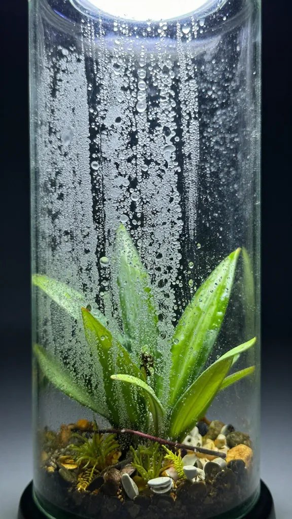closeup sealed glass terrarium with heavy all-day condensation